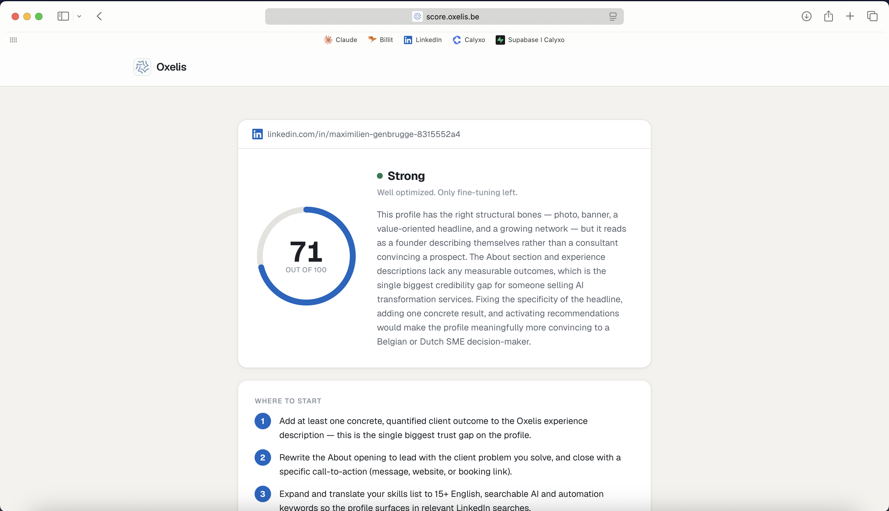 An honest score out of 100, with a category breakdown and a clear place to start.