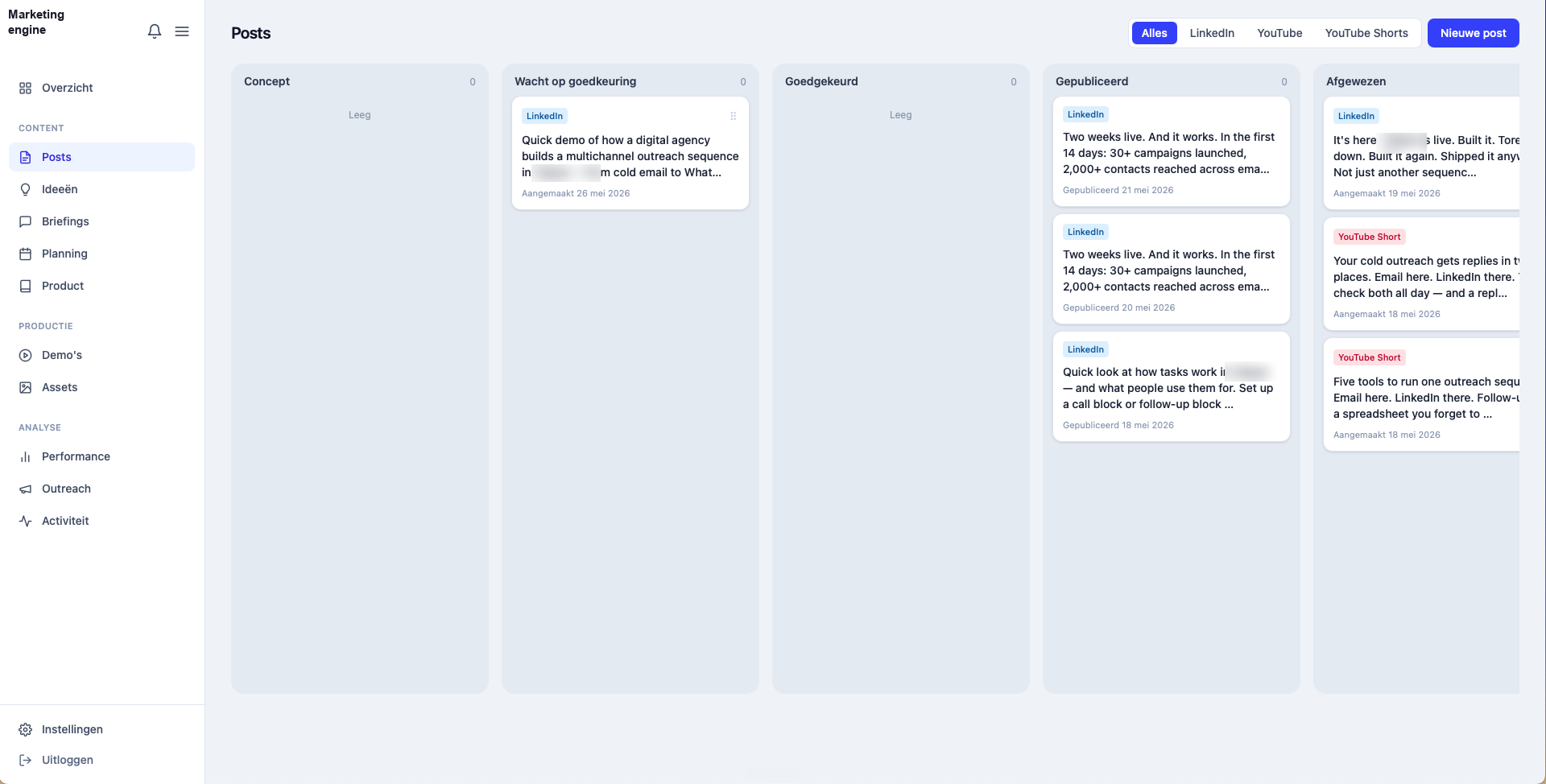 The content board — every post moves from draft to awaiting-approval to published, across LinkedIn and YouTube.